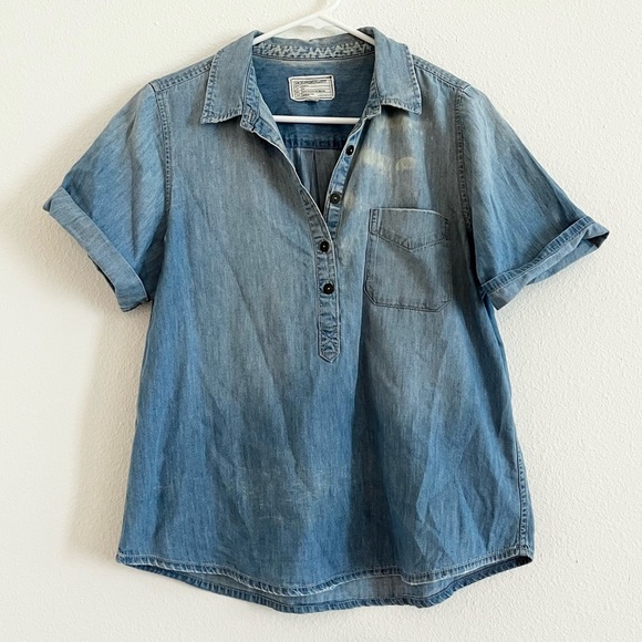 Current/Elliott The Popover Chambray Short Sleeve Denim Button Down Shirt 3 - Picture 3 of 6